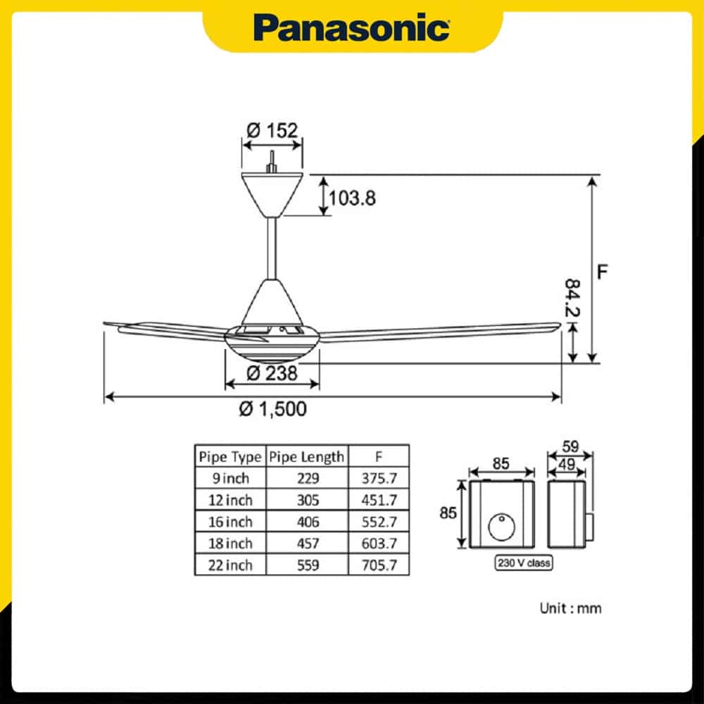 Bản vẽ kỹ thuật của Quạt trần Panasonic 3 cánh F-60MZ2-MS
