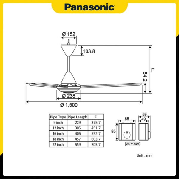 Bản vẽ kỹ thuật của Quạt trần Panasonic 3 cánh F-60MZ2