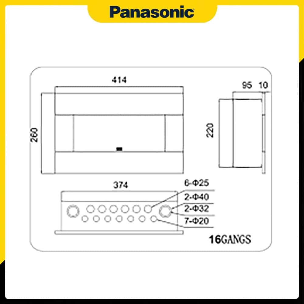 Bản vẽ kích thước của tủ điện gia đình Panasonic BQDX16T11AV 16 đường