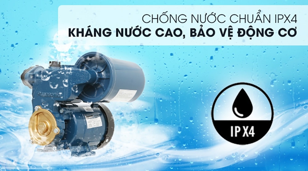 Tiêu chuẩn chống nước IPX4 được trang bị trên Máy bơm áp lực Panasonic 200W A-200JAK giúp bảo vệ an toàn cho mô tơ