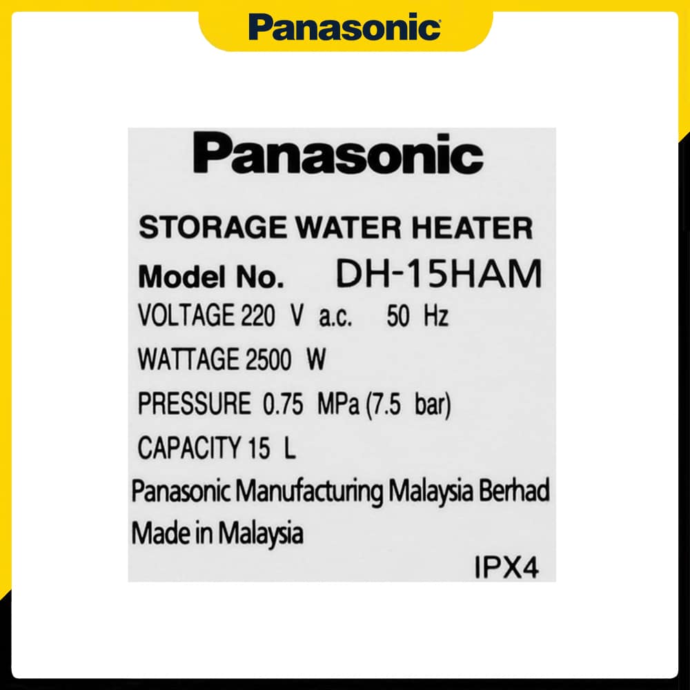 Tem thông số được dán trên thân của Máy nước nóng gián tiếp Panasonic DH-15HBMVW 15L