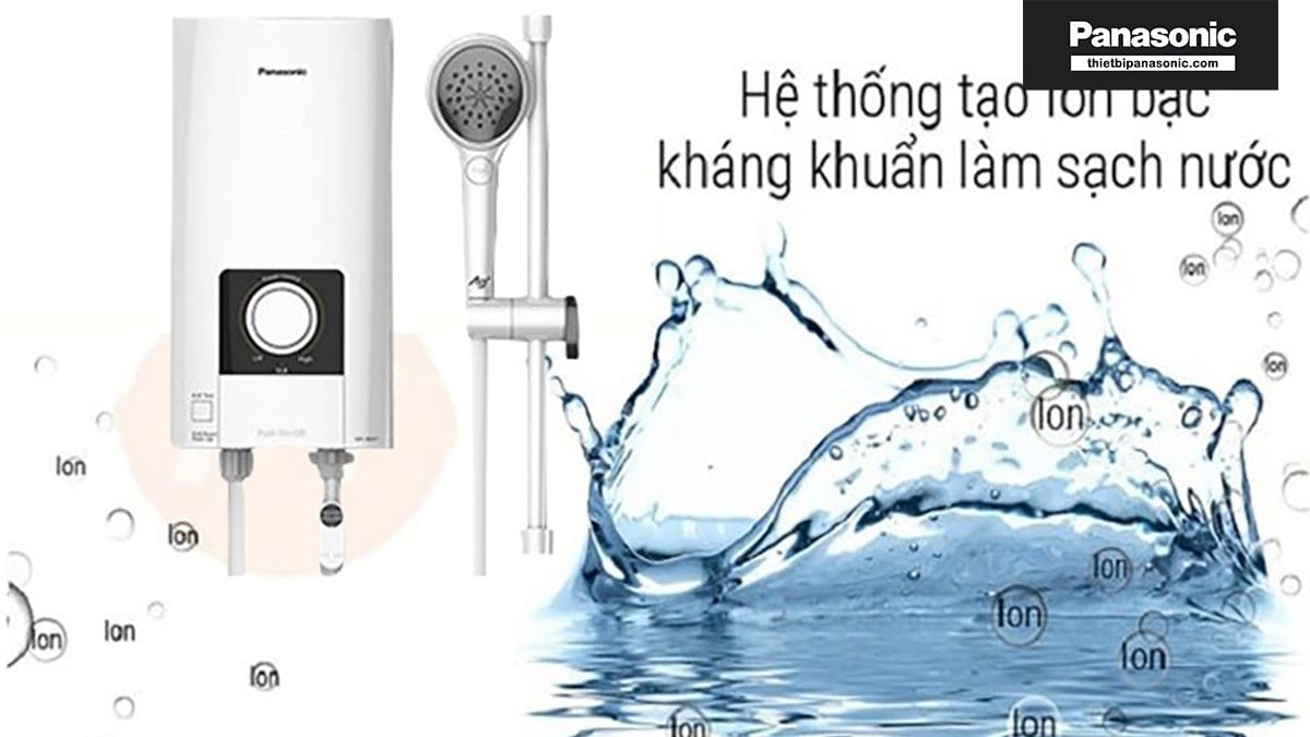 Máy nước nóng Panasonic DH-4NS3VW được trang bị hệ thống tạo ion bạc Ag+ giúp kháng khuẩn làm sạch nước trước khi tiếp xúc với da.