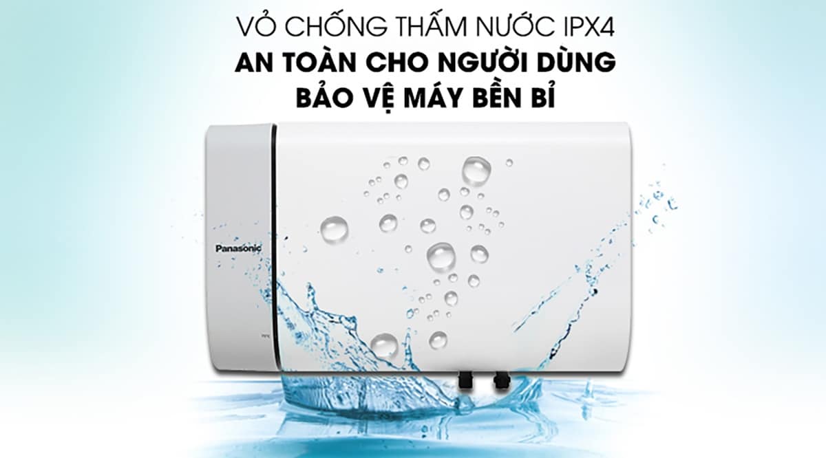 Lớp vỏ chống thấm nước chuẩn IPX4 giúp Máy nước nóng gián tiếp Panasonic DH-20HBMVW trở nên bền bỉ và an toàn hơn bao giờ hết