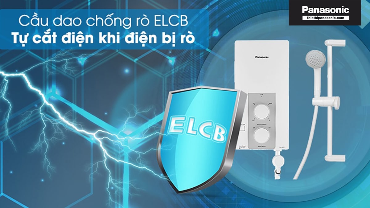 Cầu dao chống rò ELCB trên Máy tắm nước nóng trực tiếp Panasonic DH-4RL1VW có thể tự ngắt điện khi điện bị rò.