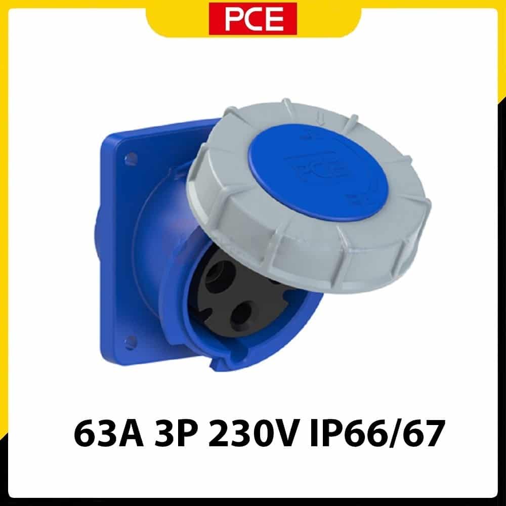 Ổ cắm gắn âm kín nước PCE dạng nghiêng F433-6 | 3P 63A 230V 6H IP66/67