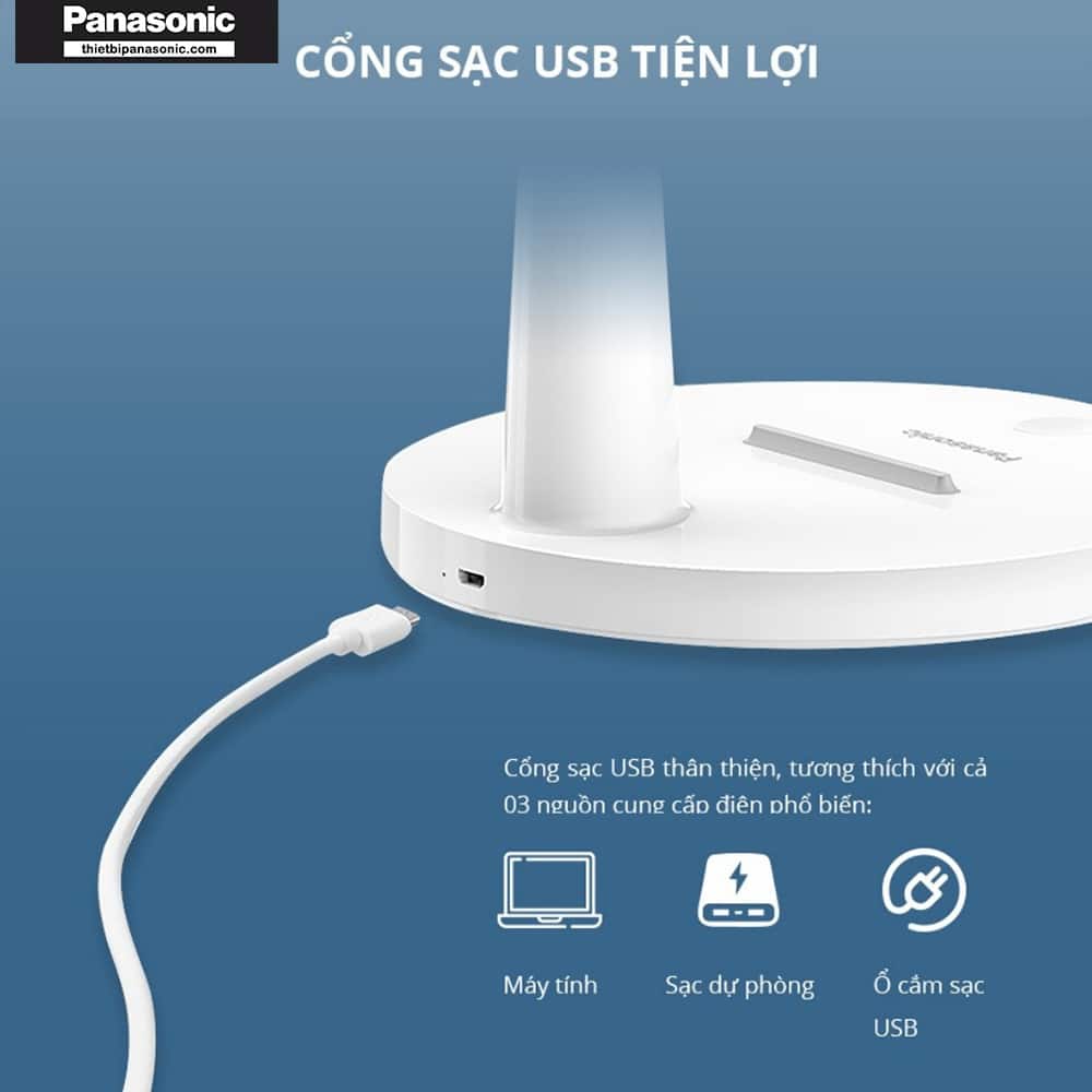 Đèn bàn LED Panasonic HHGLT0345L19 được trang bị cổng sạc USB thân thiện, tương thích với nhiều nguồn cung cấp điện phổ biến