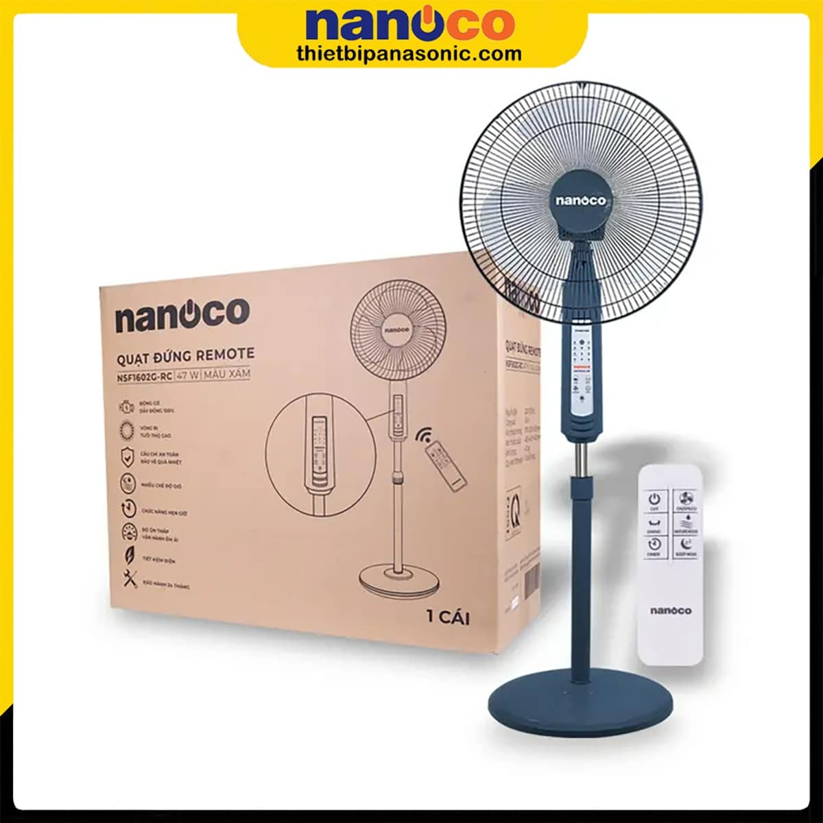Quạt đứng Nanoco NSF1602G-RCB được đóng gói chắc chắn trong thùng giấy có kích thước nhỏ gọn giúp dễ dàng di chuyển cũng như vận chuyển