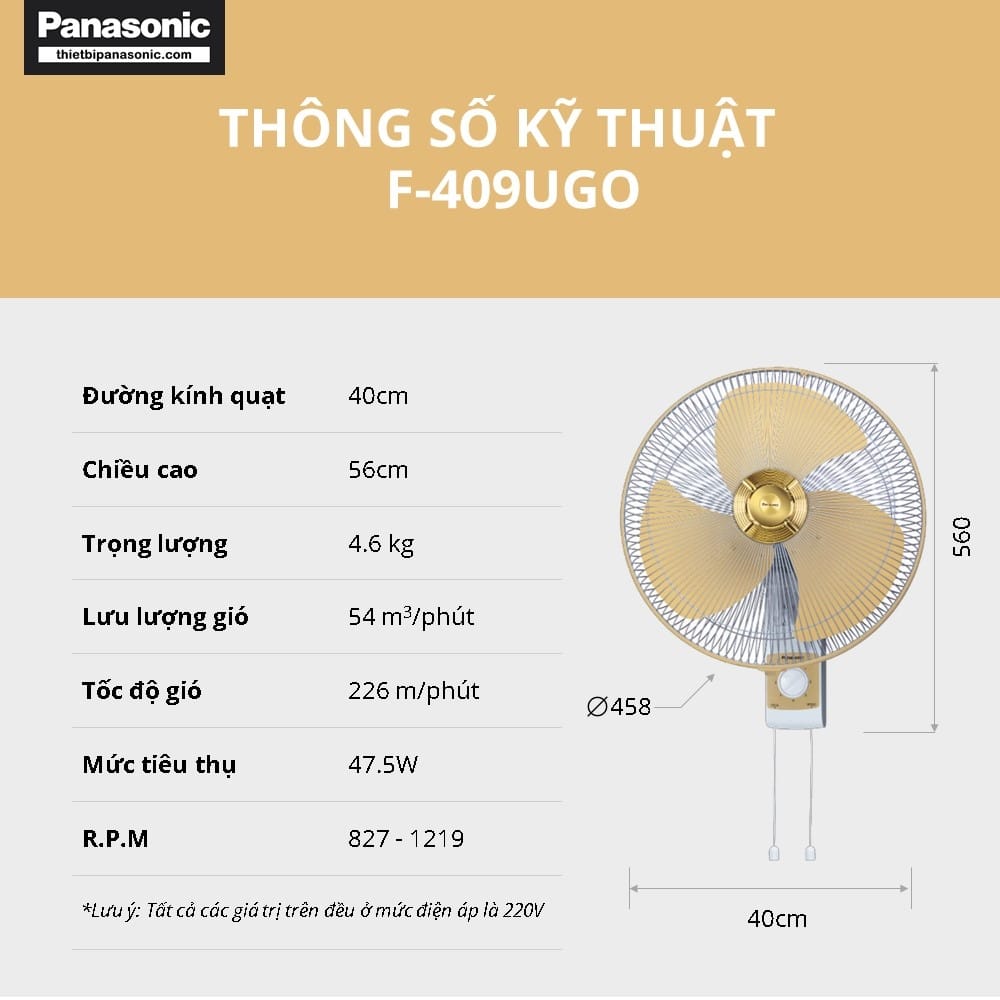 Thông số kỹ thuật của quạt trần Panasonic F-409UGO màu vàng