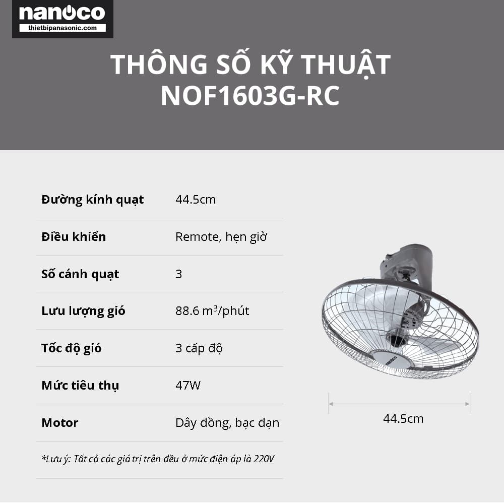Thông số kỹ thuật của quạt đảo trần Nanoco NOF1603G-RC