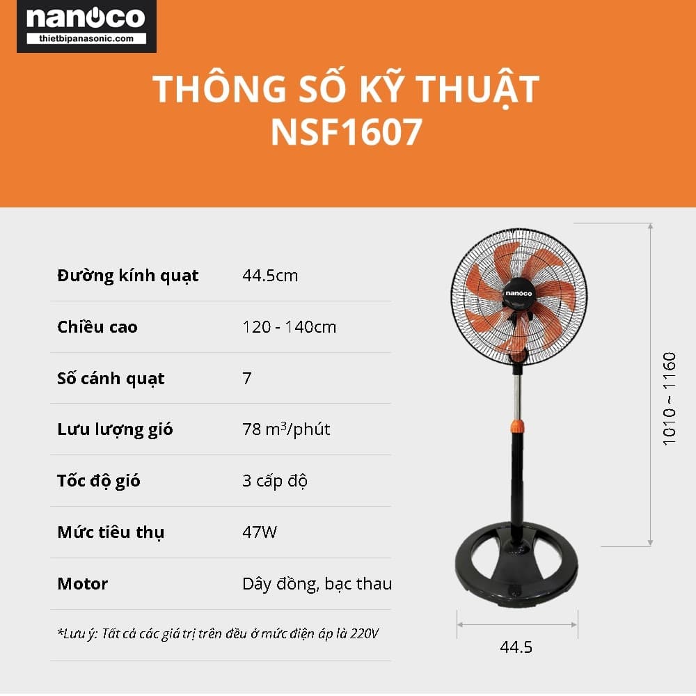 Thống số kỹ thuật của Quạt đứng Nanoco NSF1607 màu đen cam