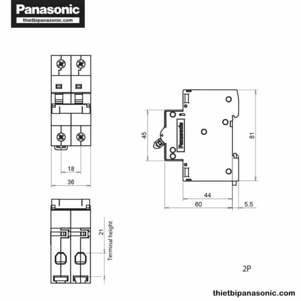 Bản vẽ kỹ thuật của MCB tự động Panasonic 2P 6A 6kA 240VAC