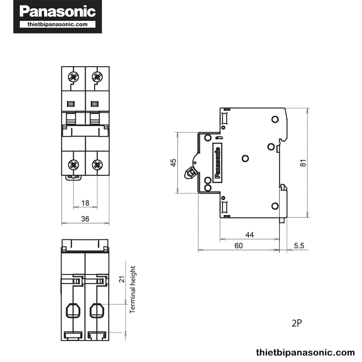 Bản vẽ kỹ thuật của MCB tự động Panasonic 2P 16A 6kA 240VAC