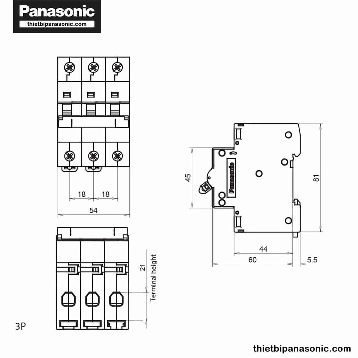 Bản vẽ kỹ thuật của MCB 3 pha 6A 6kA Panasonic