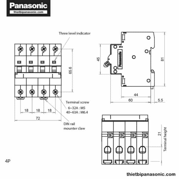 Bản vẽ kỹ thuật của MCB 3 pha 4P 16A 6kA BBD4164CNV Panasonic