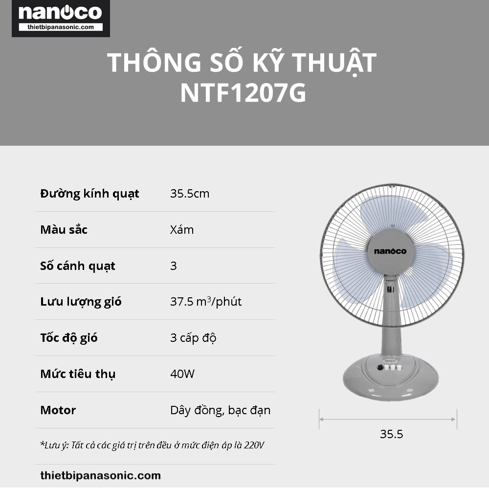 Thông số kỹ thuật của Quạt bàn Nanoco NTF1207G