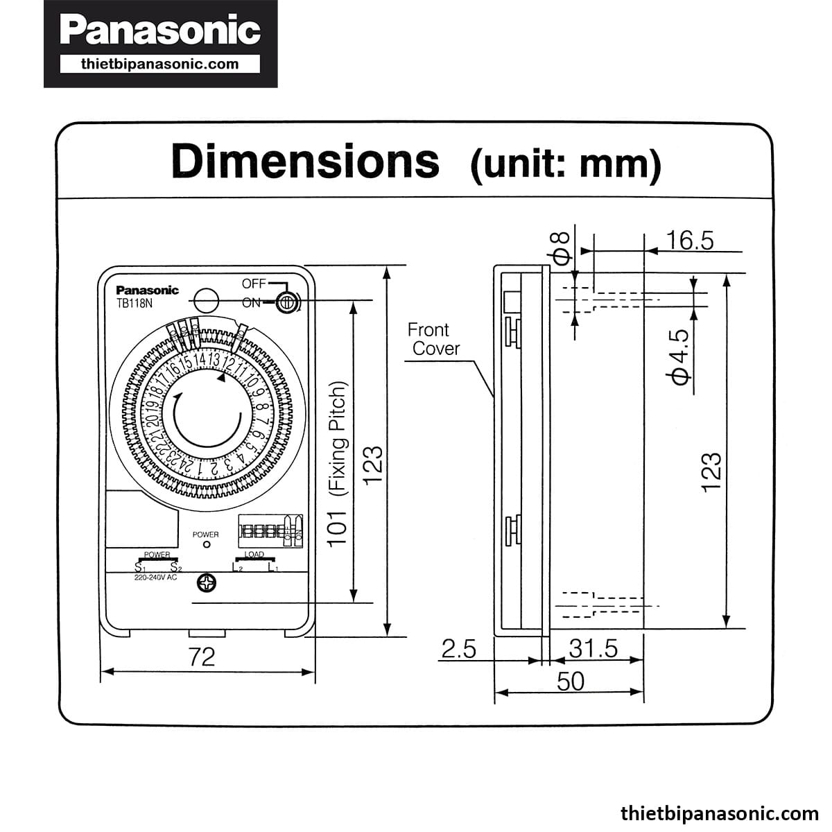 Bản vẽ kích thước của Công tắc đồng hồ Panasonic TB178