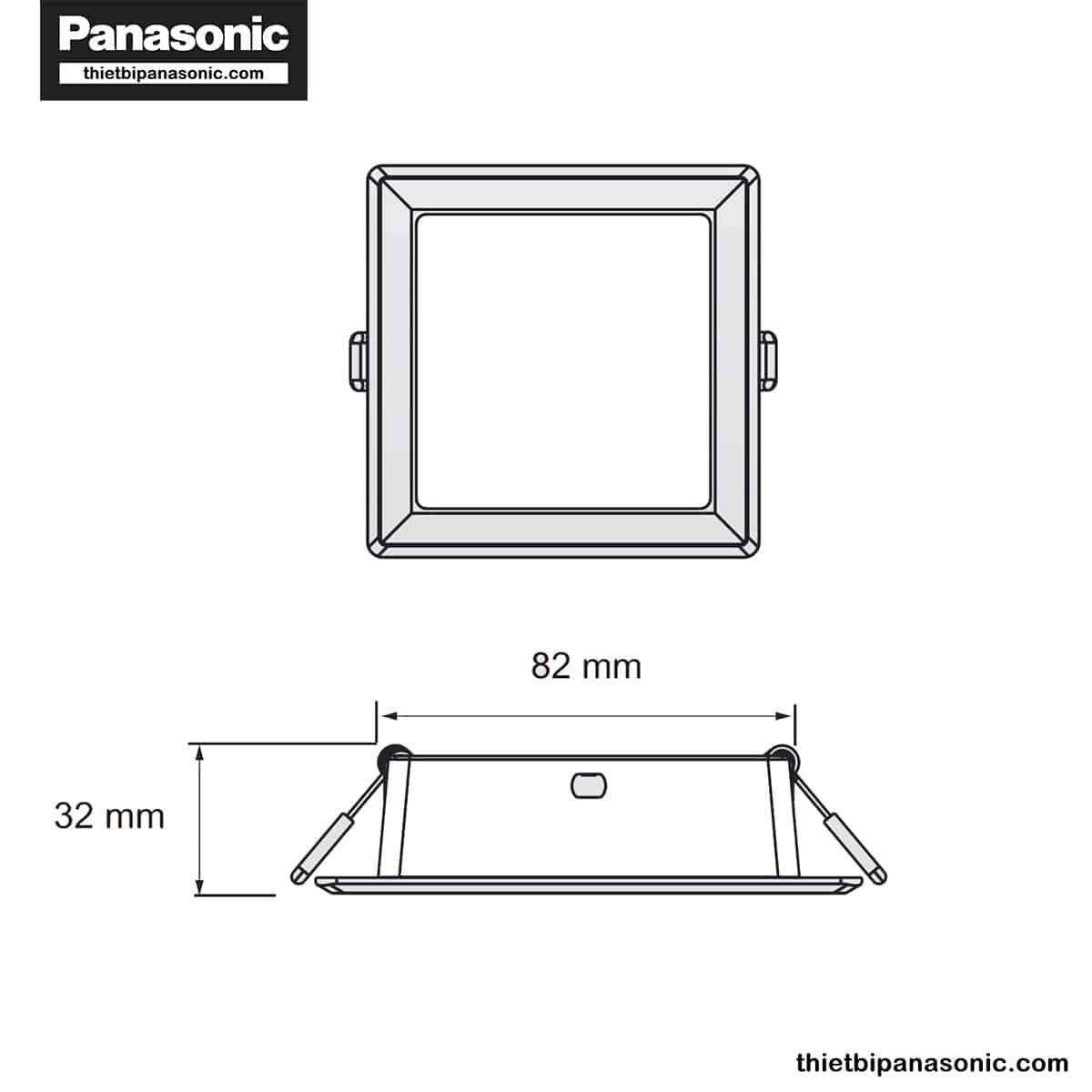 Bản vẽ kích thước của Đèn LED âm trần vuông DN 2G Panasonic 9W NNV70800WE1A, NNV70810WE1A, NNV70850WE1A
