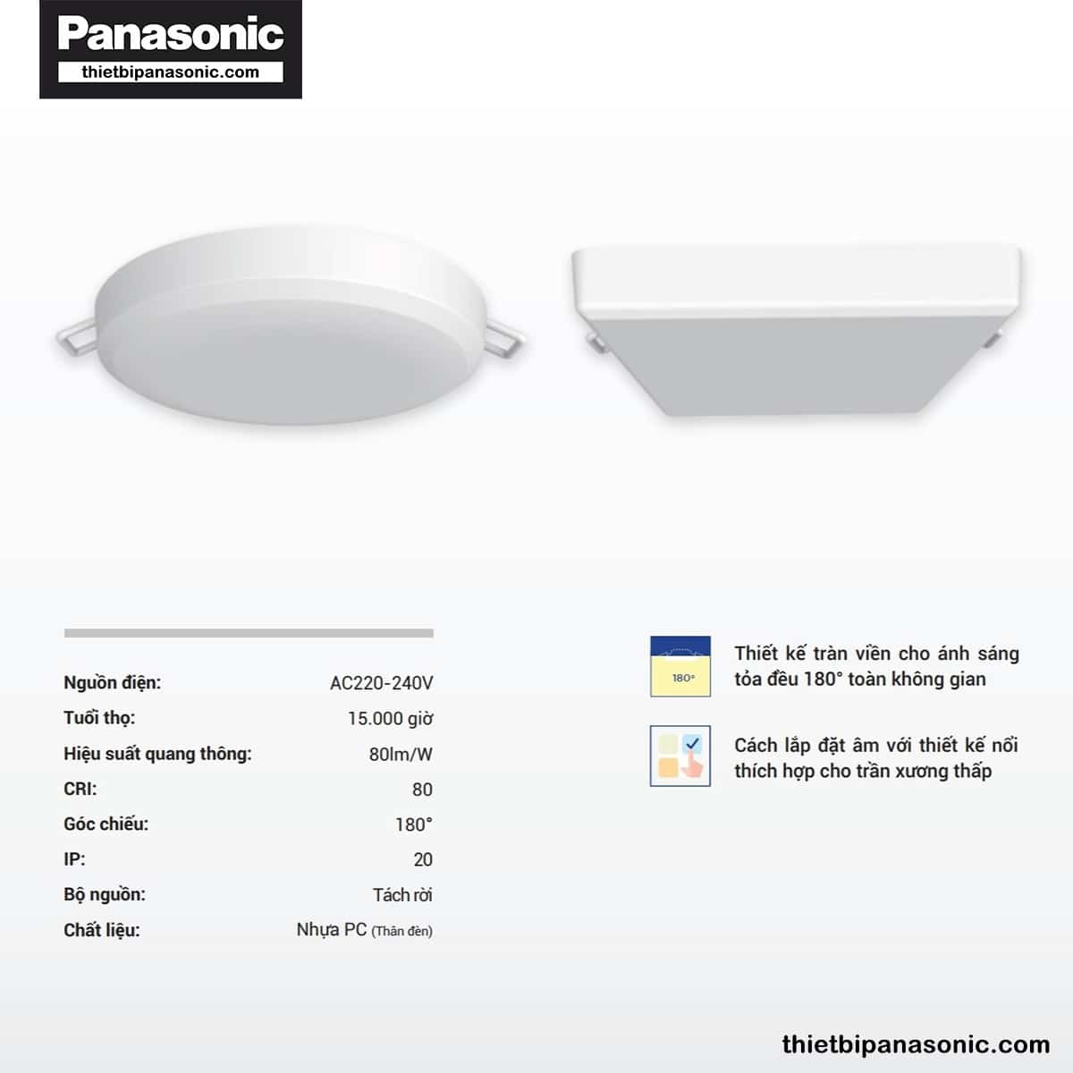 Đặc điểm nổi bật của Đèn Downlight Rimless Panasonic vuông 9W, 12W | Ánh sáng 180°