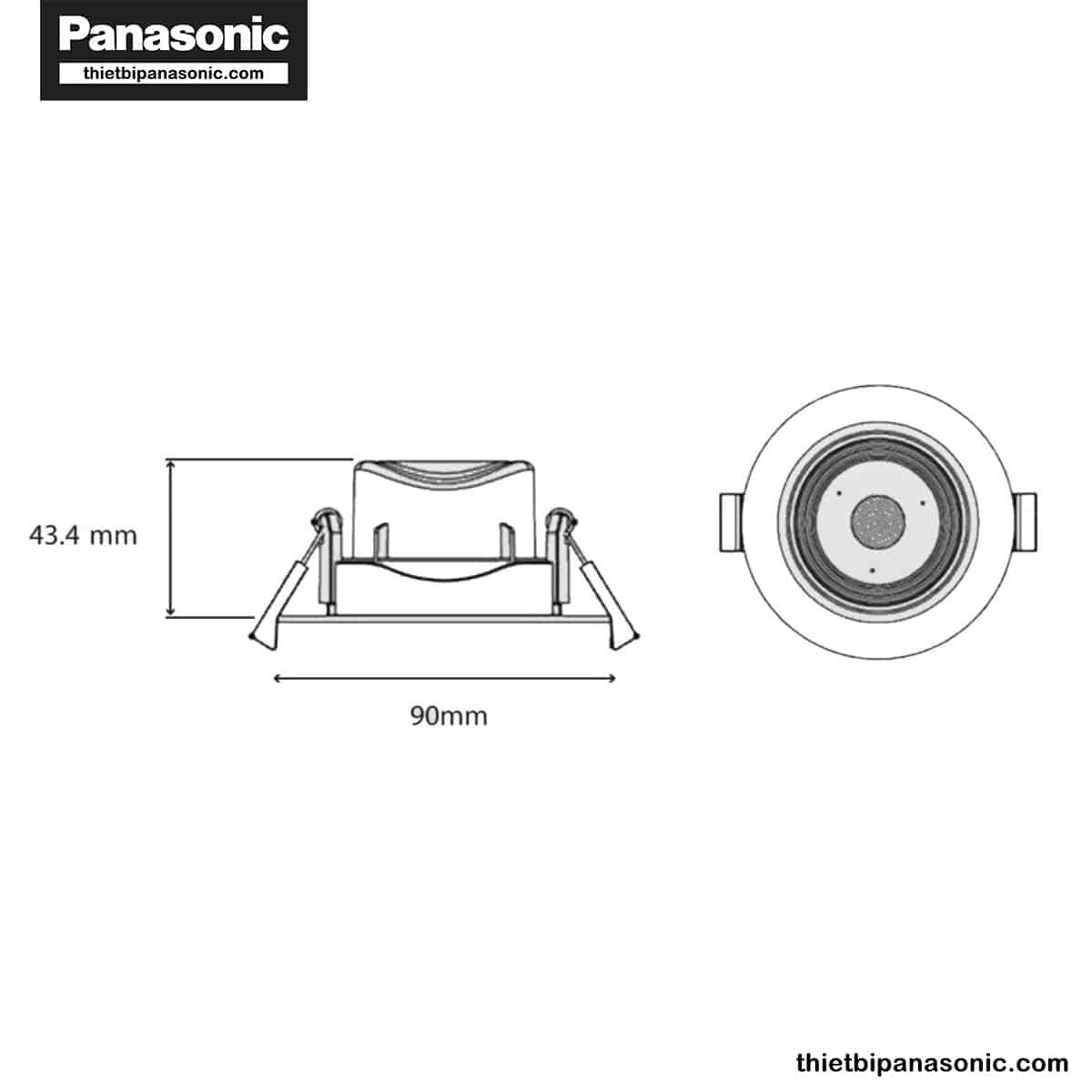Bản vẽ kích thước của Đèn LED âm trần chỉnh góc Panasonic 5W tròn, góc chiếu 38° NNNC7630188 (ánh sáng vàng), NNNC7631188 (ánh sáng trung tính), NNNC7635188 (ánh sáng trắng)