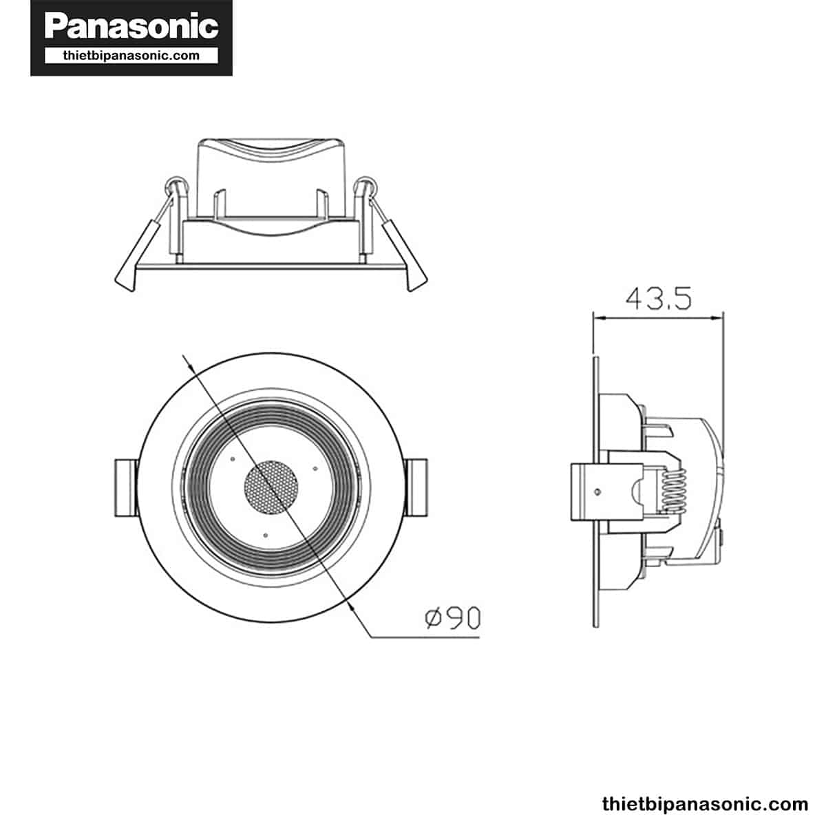 Bản vẽ kích thước của Đèn LED âm trần chỉnh góc Panasonic 9W Tròn, góc chiếu 40° NNNC7630388 (ánh sáng vàng), NNNC7635388 (ánh sáng trung tính), NNNC7631388 (ánh sáng trắng)