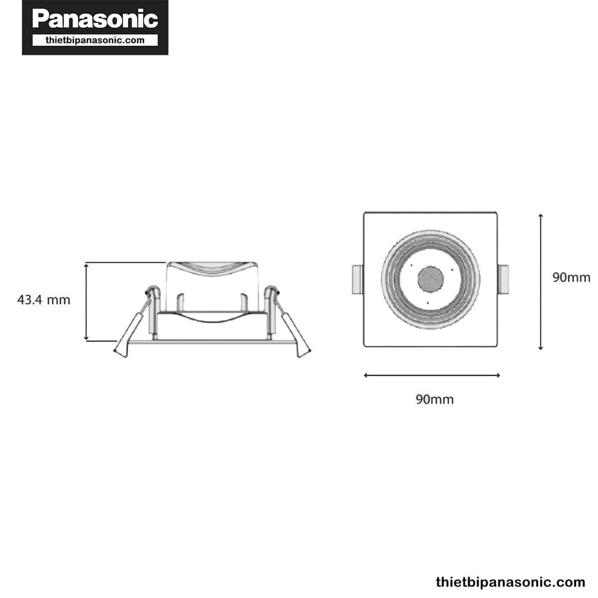 Bản vẽ kích thước của đèn âm trần chỉnh góc Panasonic 5W vuông, góc chiếu 38° NNNC7630688 (ánh sáng vàng), NNNC7631688 (ánh sáng trung tính), NNNC7635688 (ánh sáng trắng)
