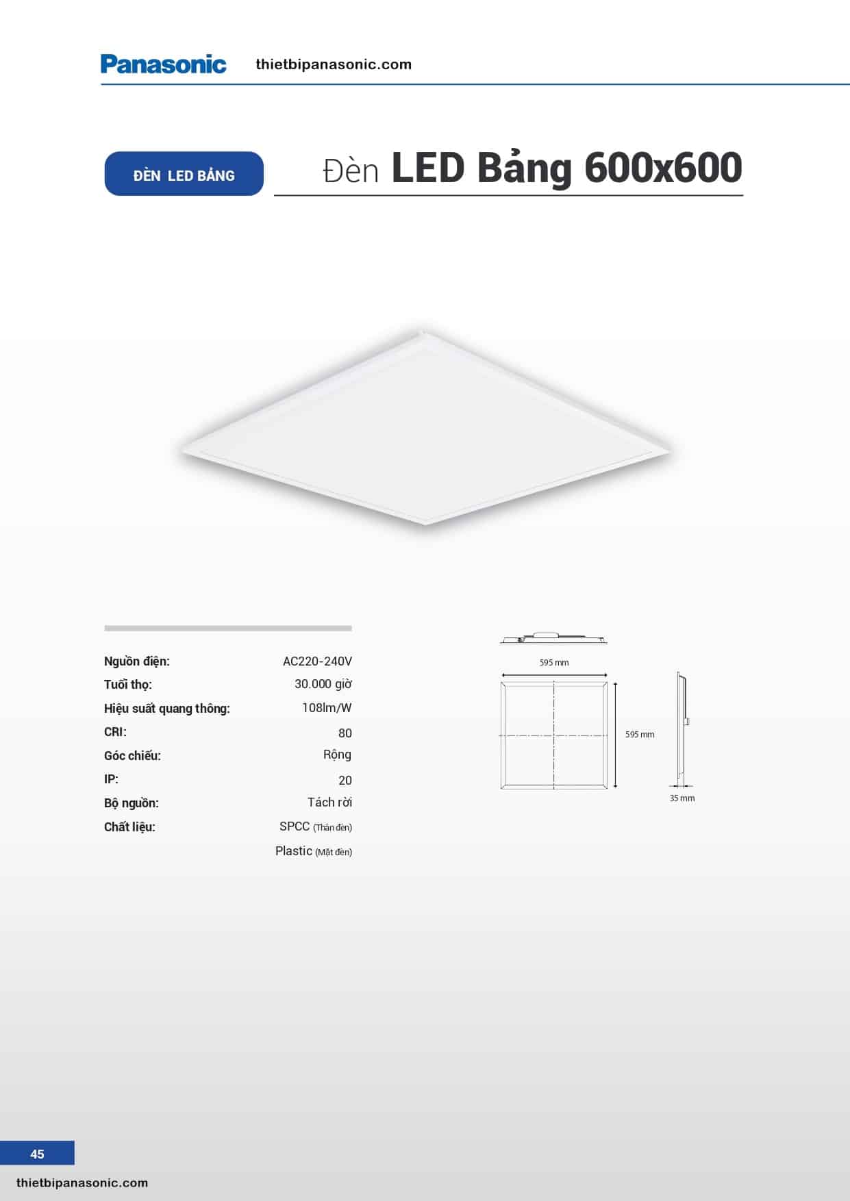 Catalogue - Bảng giá đèn LED Panel Panasonic 600x600mm