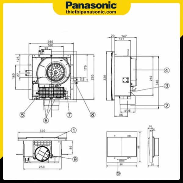 Bản vẽ kích thước của Quạt hút sưởi âm trần Panasonic FV-27BV1 1321W