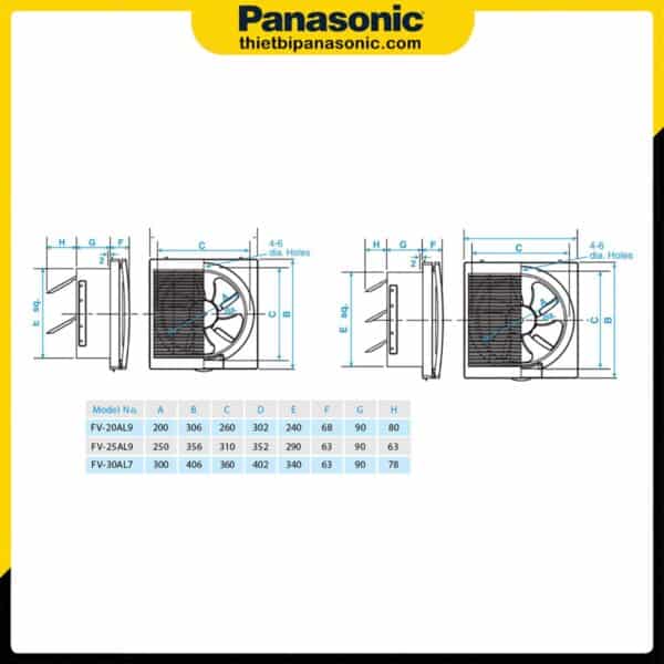 Bản vẽ kỹ thuật của Quạt hút gắn tường 1 chiều Panasonic FV-25AL9 30x30cm 27W có màn che