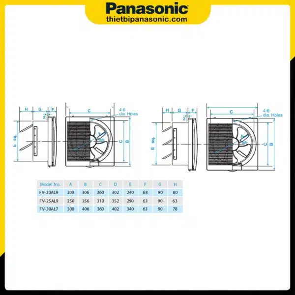 Bản vẽ kỹ thuật của Quạt hút gắn tường 1 chiều Panasonic FV-30AL7 35x35cm