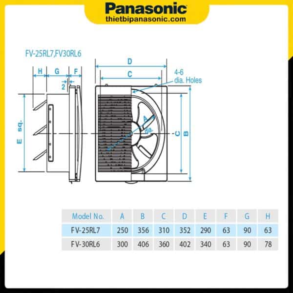 Bản vẽ kỹ thuật của Quạt hút âm tường 2 chiều Panasonic FV-30RL6 35x35cm 31W