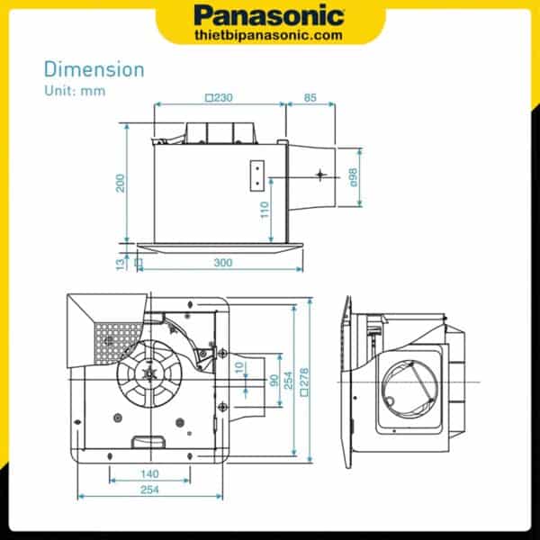 Bản vẽ kích thước của Quạt hút âm trần Panasonic FV-24CU8 10.5W có ống nối gió