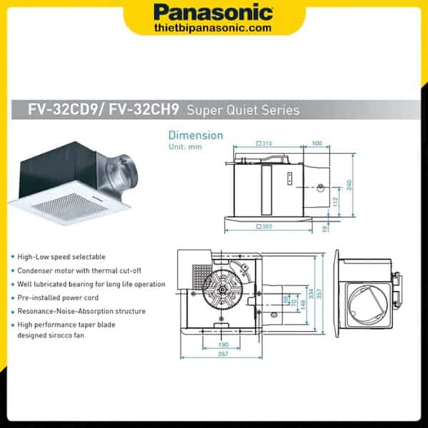 Bản vẽ kỹ thuật chi tiết của Quạt âm trần ống nối gió Panasonic FV-32CD9