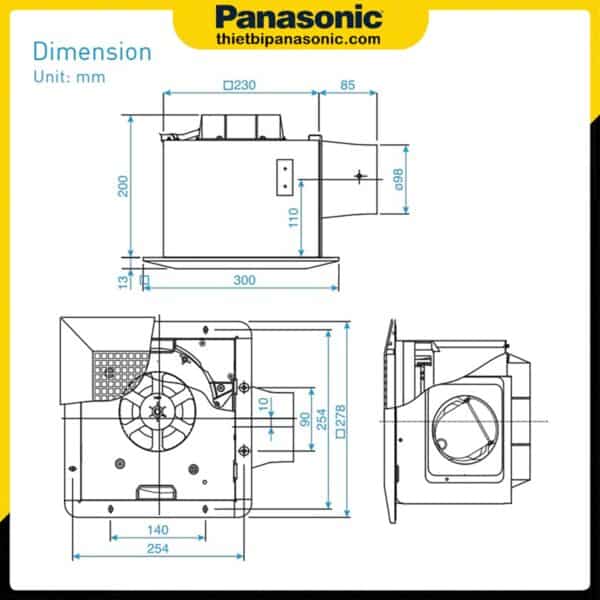 Bản vẽ kích thước của Quạt hút âm trần Panasonic FV-24CUR1 11W có cảm biến chuyển động