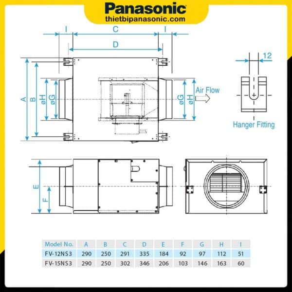 Bản vẽ kích thước của Quạt hút Cabinet Panasonic FV-12NS3