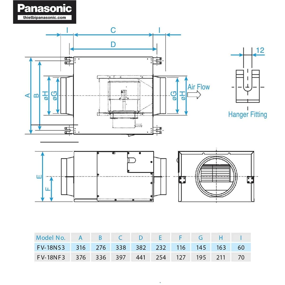 Bản vẽ kích thước của Quạt hút Cabinet Panasonic FV-18NS3