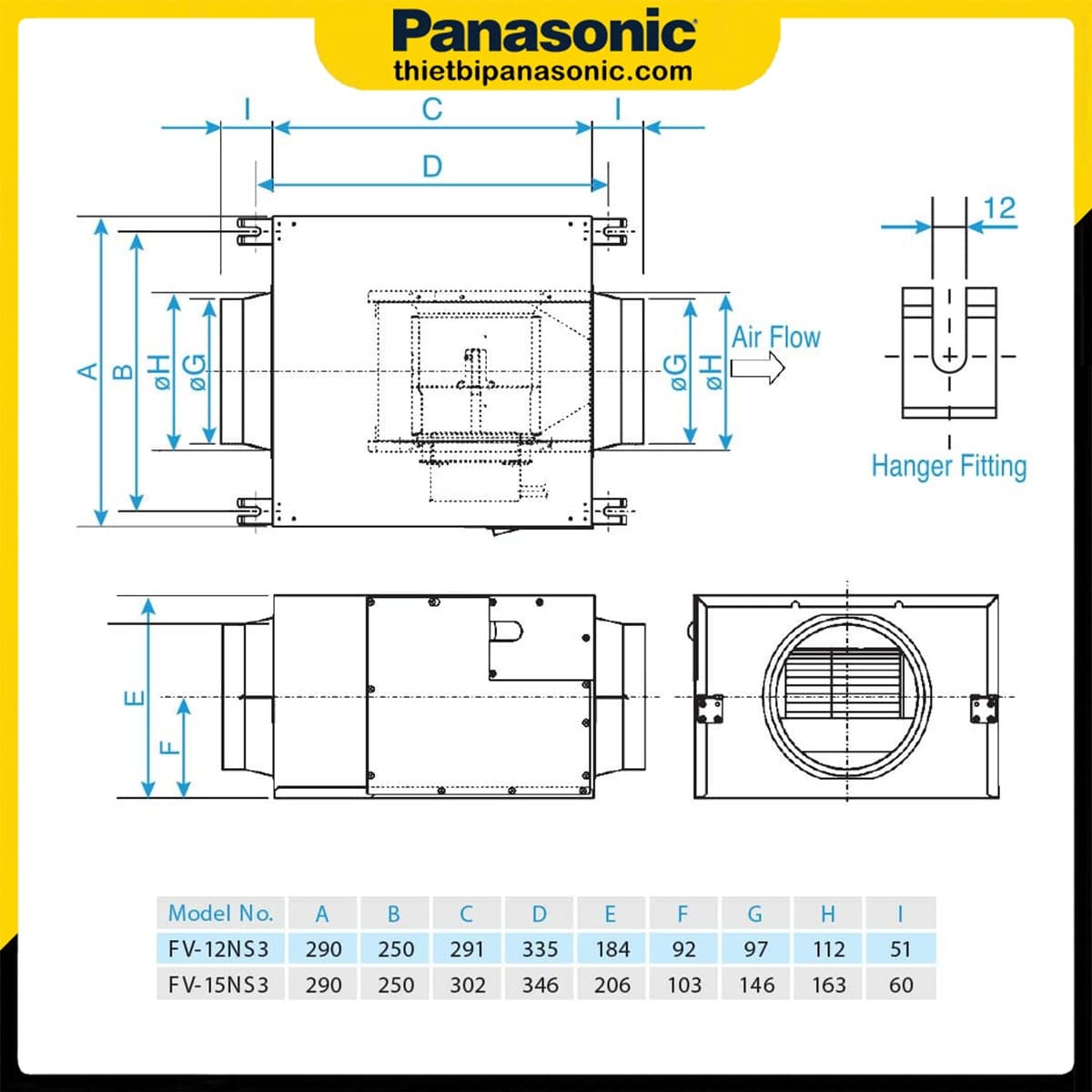 Bản vẽ kích thước của Quạt hút Cabinet Panasonic FV-18NF3