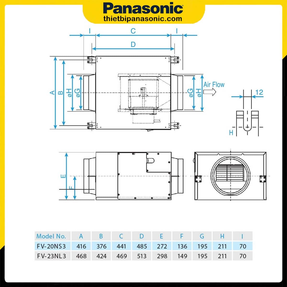 Bản vẽ kích thước của Quạt hút Cabinet Panasonic FV-20NS3
