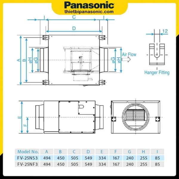 Bản vẽ kích thước của Quạt hút Cabinet Panasonic FV-25NS3