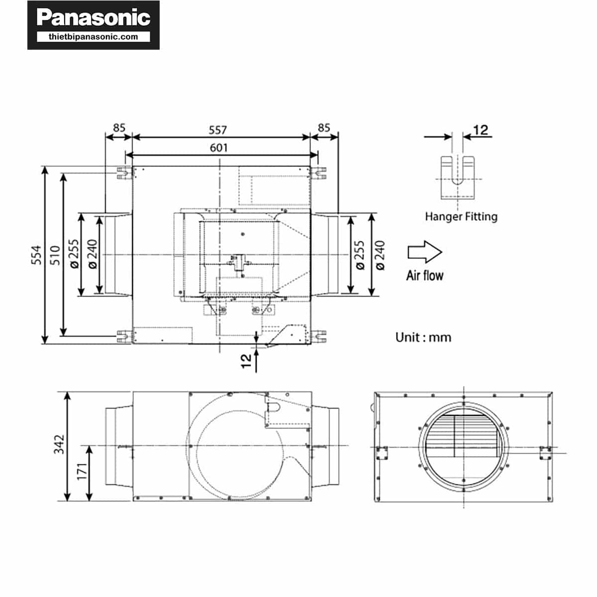 Bản vẽ kích thước của Quạt hút Cabinet 3 pha Panasonic FV-28NX3