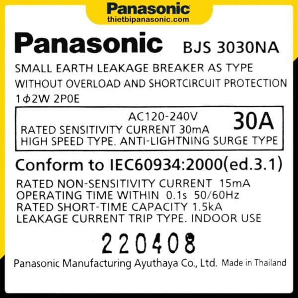 Thông số kỹ thuật của ELB Panasonic BJS3020NA2 30A 15mA 1.5kA