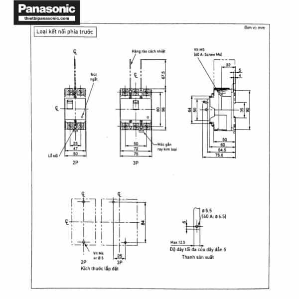 Bản vẽ kỹ thuật của ELCB Panasonic 60A 30mA BKW2603SKY 10kA
