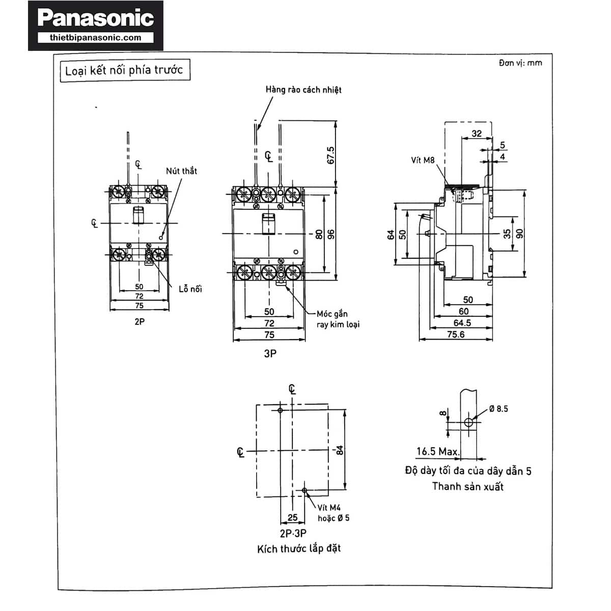 Bản vẽ kỹ thuật của ELCB Panasonic 100A 30mA BKW21003KY 25kA