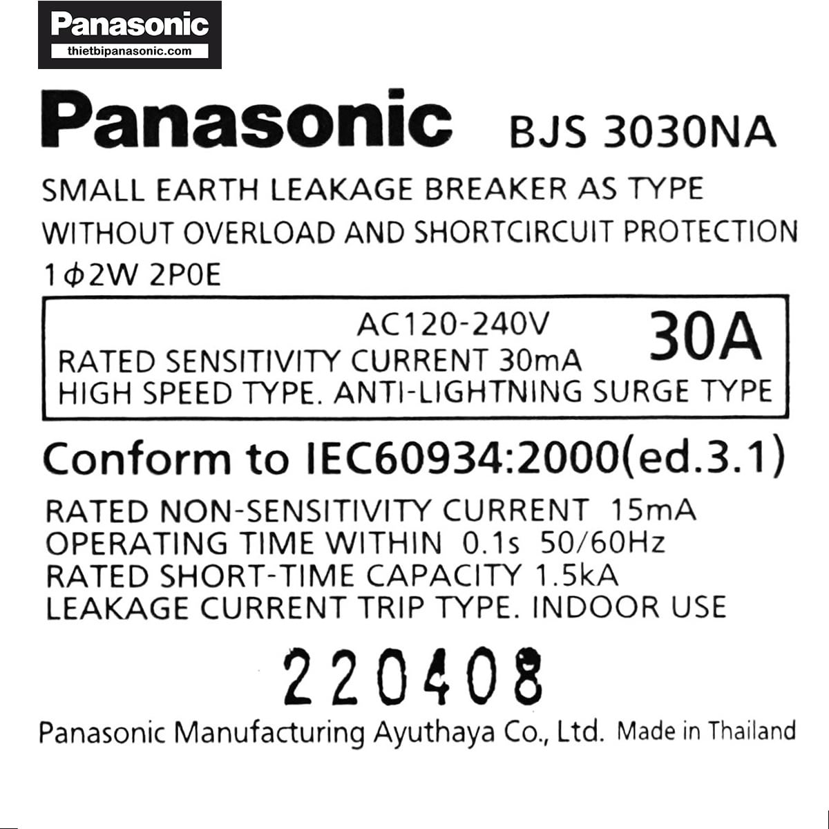 Thông số kỹ thuật chi tiết của ELB Panasonic BJS3030NA2 30A 30mA 1.5kA