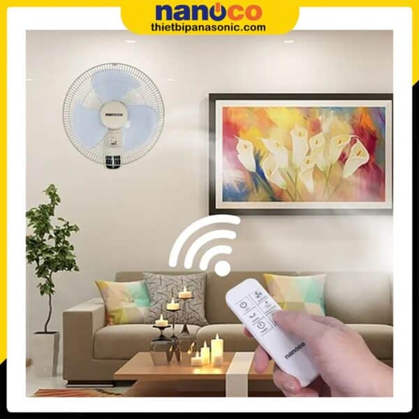 Quạt treo tường Nanoco NWF1610RC-BE màu be được điều khiển dễ dàng thông qua remote được trang bị sẵn bên trong thùng