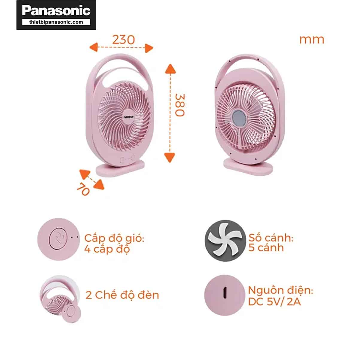 Kích thước của Quạt sạc điện Nanoco NRF6310P màu hồng