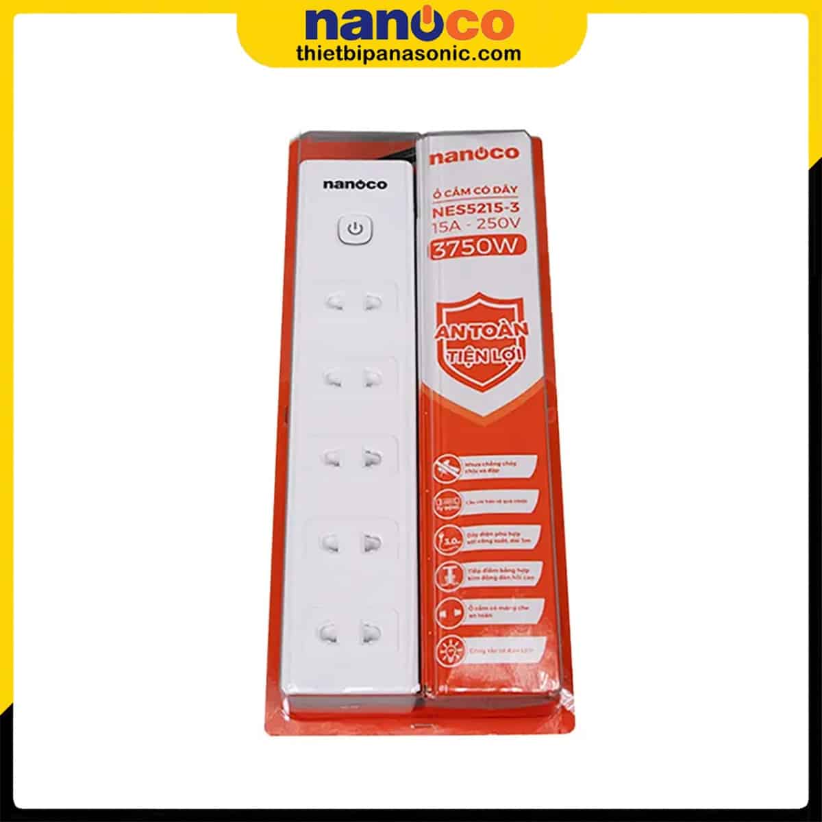 Hộp sản phẩm Ổ cắm có dây Nanoco NES5215-3 với đầy đủ thông tin cần thiết