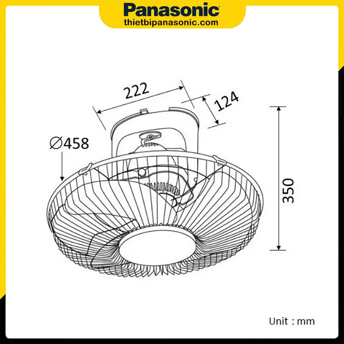 Bản vẽ kích thước của Quạt đảo trần Panasonic F-409QGO màu vàng, 45W