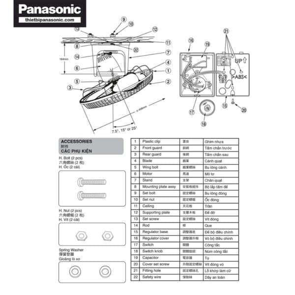 Cấu tạo chi tiết từng bộ phận của Quạt đảo trần Panasonic F-409QGO màu vàng