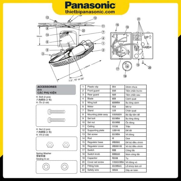 Cấu tạo chi tiết từng bộ phận của Quạt đảo trần Panasonic F-409QGO màu vàng