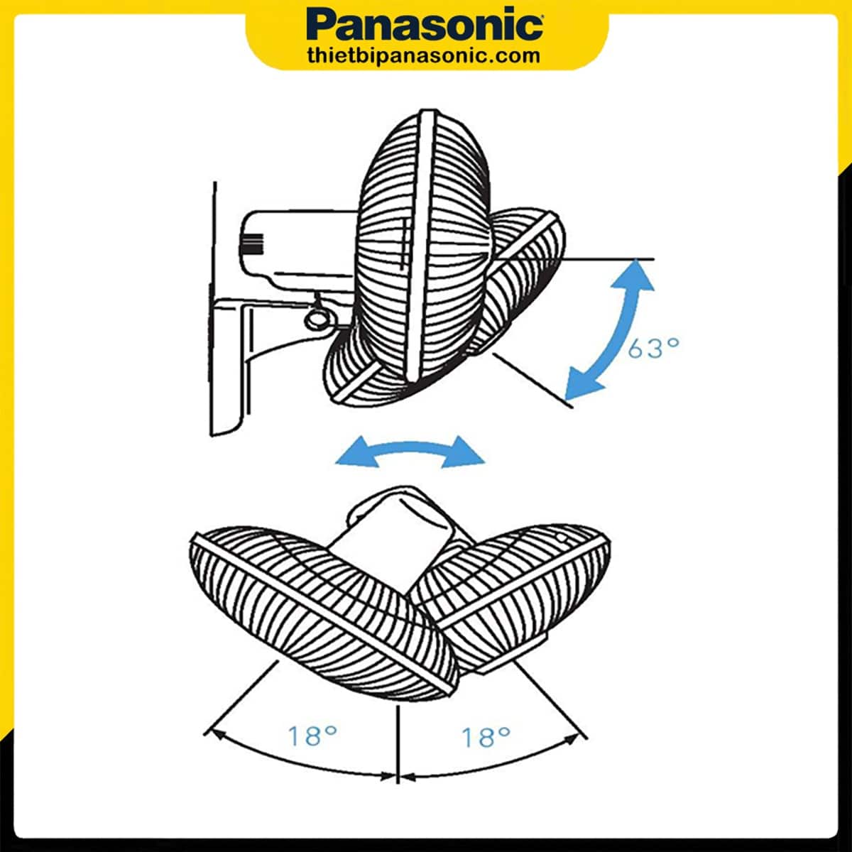 Bản vẽ góc xoay của Quạt Panasonic treo tường F-409UGO màu vàng kim